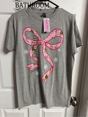 Simply Southern Gray Tee with Pink Ribbon Bow Graphic